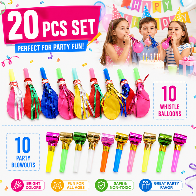 20 Piece Party Whistle and Blowout Set
