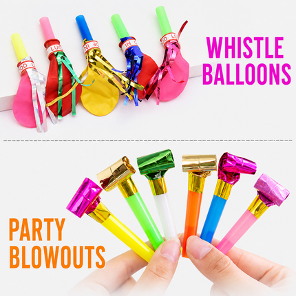 200 Piece Party Whistle and Blowout Set - 100 Whistle Balloons and 100 Party Blowers, Colourful Party Favors for Birthday Parties, Celebrations, Games and Loot Bags