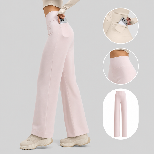 Pink Women's High Waisted Straight Leg Yoga Pants (XL size)- Spandex Activewear with Peach Shape – product detail