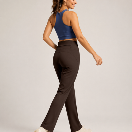 Women's High Waisted Straight Leg Yoga Pants (S size) - Coffee Brown, Relaxed Full Length Fit with Rear Waist Pocket for Yoga, Pilates, Walking and Everyday Athleisure