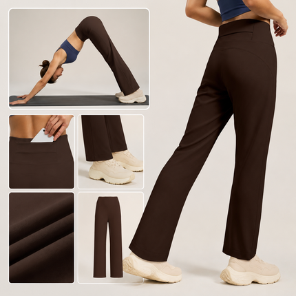 Women's High Waisted Straight Leg Yoga Pants (M size) - Coffee Brown, Relaxed Full Length Fit with Rear Waist Pocket for Yoga, Pilates, Walking and Everyday Athleisure