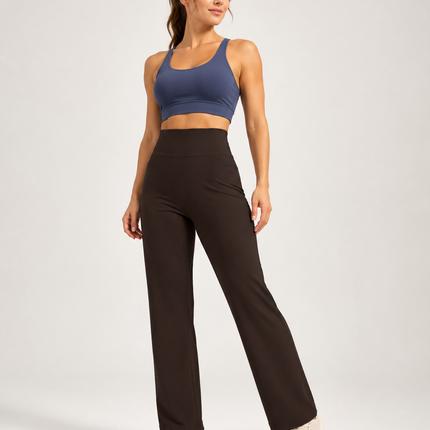 Women's High Waisted Straight Leg Yoga Pants (M size) - Coffee Brown, Relaxed Full Length Fit with Rear Waist Pocket for Yoga, Pilates, Walking and Everyday Athleisure