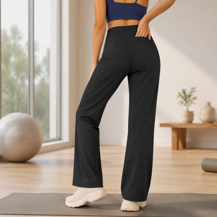 Black Womens High Waist Straight Leg Yoga Pants (L size)- Loose Fit Full Length Activewear with Rear Waistband Pocket for Pilates, Studio and Everyday Wear