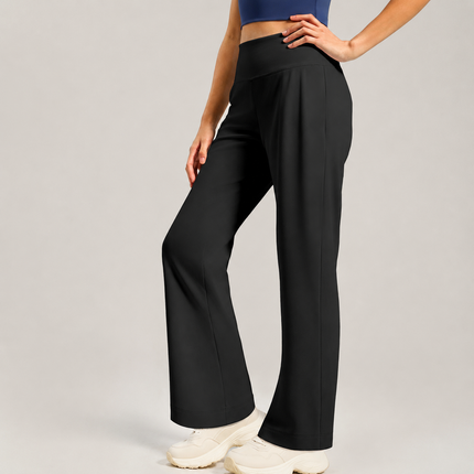 Black Womens High Waist Straight Leg Yoga Pants (XL size)- Loose Fit Full Length Activewear with Rear Waistband Pocket for Pilates, Studio and Everyday Wear