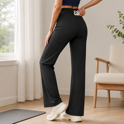 Black Womens High Waist Straight Leg Yoga Pants (XL size)- Loose Fit Full Length Activewear with Rear Waistband Pocket for Pilates, Studio and Everyday Wear