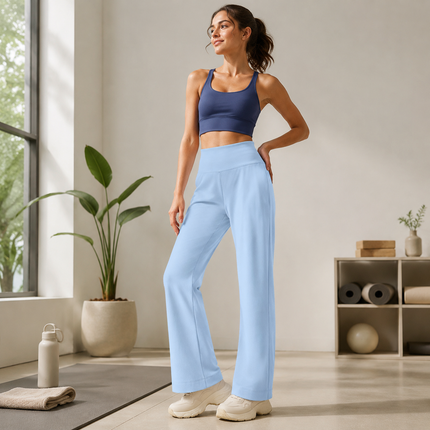 Women's High Waist Yoga Pants (M size)- Blue Loose Straight Leg Full Length Trousers with Rear Waist Pocket for Pilates, Studio Workouts, Lounging and Casual Wear