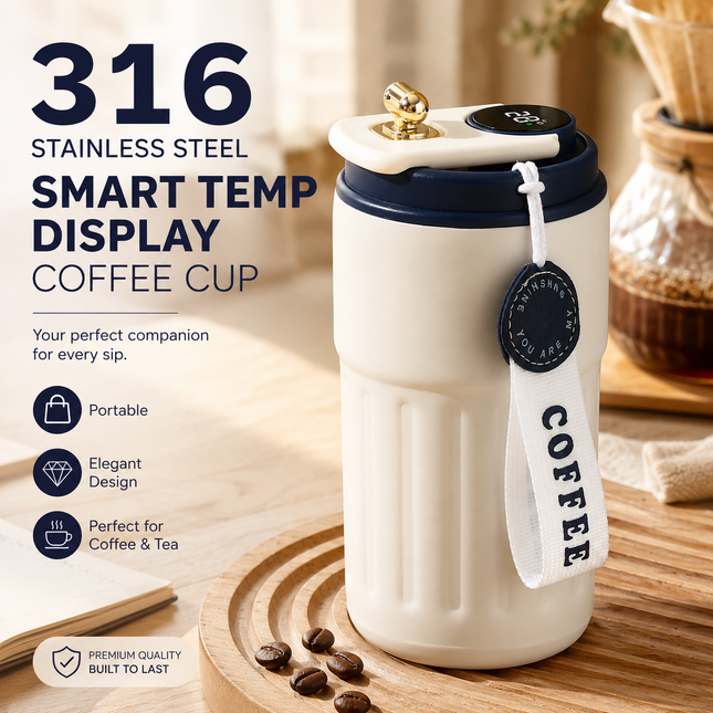 Smart Coffee Tumbler(Blue lid) 450ml Vacuum Insulated Travel Mugwith Temperature Display Leakproof