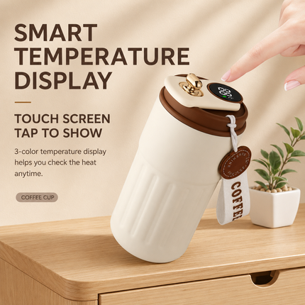 Smart Coffee Tumbler(Blue lid) 450ml Vacuum Insulated Travel Mugwith Temperature Display Leakproof Coffee Cup Portable Thermal Water Bottle for Office School Car Travel Home