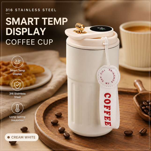 Smart Coffee Tumbler(White lid) 450ml Vacuum Insulated Travel Mugwith Temperature Display