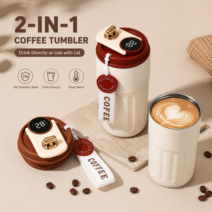 Smart Coffee Tumbler(Black lid) 450ml Vacuum Insulated Travel Mugwith Temperature Display Leakproof Coffee Cup Portable Thermal Water Bottle for Office School Car Travel Home