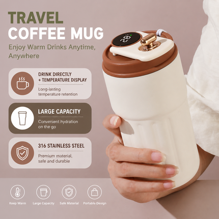 Smart Coffee Tumbler(Gradient red) 450ml Vacuum Insulated Travel Mugwith Temperature Display Leakproof Coffee Cup Portable Thermal Water Bottle for Office School Car Travel Home