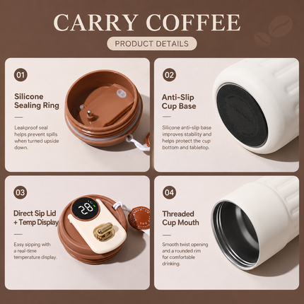 Smart Coffee Tumbler(Gradient brown) 450ml Vacuum Insulated Travel Mugwith Temperature Display Leakproof Coffee Cup Portable Thermal Water Bottle for Office School Car Travel Home