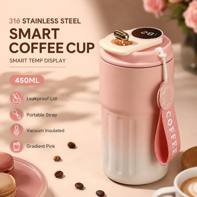 Smart Coffee Tumbler(Gradient Pink) 450ml Vacuum Insulated Travel Mugwith Temperature Display