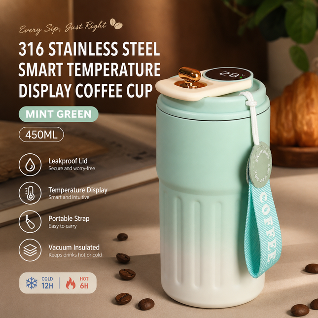 Smart Coffee Tumbler(Gradient Green) 450ml Vacuum Insulated Travel Mugwith Temperature Display