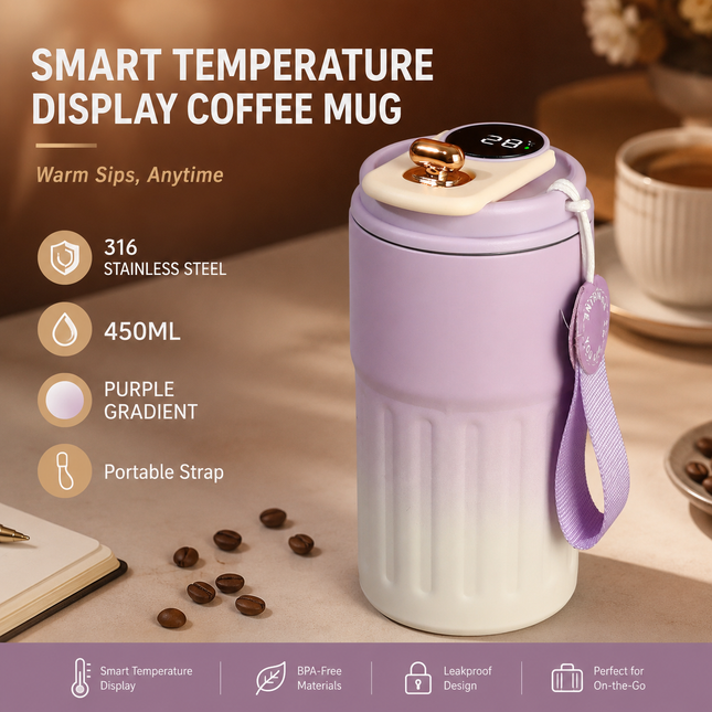 Smart Coffee Tumbler(Gradient Purple) 450ml Vacuum Insulated Travel Mugwith Temperature Display
