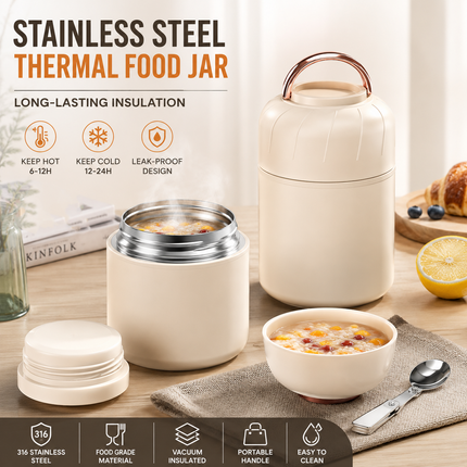 White 850ml Thermal Food Jar with Spoon Portable Insulated Lunch Container Vacuum Soup Cup Leakproof Food Flask for Office Travel Camping Stew Rice Porridge Meal Prep