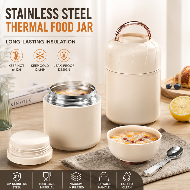 White 850ml Thermal Food Jar with Spoon Portable Insulated Lunch Container Vacuum Soup Cup Leakproof