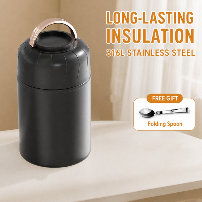 Black 850ml Thermal Food Jar with Spoon Portable Insulated Lunch Container Vacuum Soup Cup Leakproof – product detail