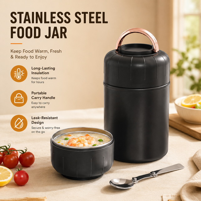 Black 1050ml Thermal Food Jar with Spoon Portable Insulated Lunch Container Vacuum Soup Cup