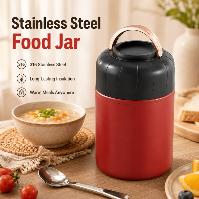 Red 500ml Thermal Food Jar with Spoon Portable Insulated Lunch Container Vacuum Soup Cup Leakproof