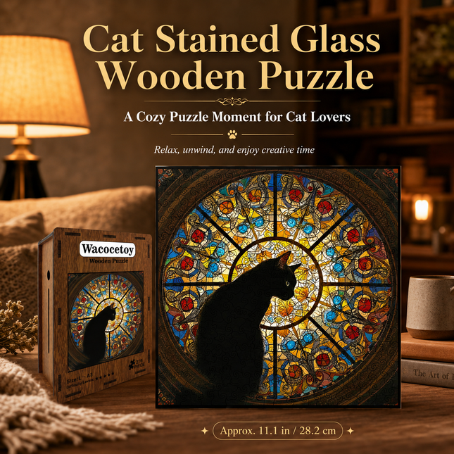 L size Cat Stained Glass Wooden Puzzle Irregular Shaped Jigsaw Puzzle High Difficulty Wooden Brain