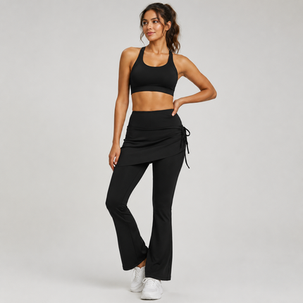 Women's High Waist Skirted Flare Yoga Pants with Adjustable Ruched Drawstring (S size)- Black Faux Two Piece Bootcut Leggings for Pilates, Gym Workout, Running, Dance and Everyday Wear