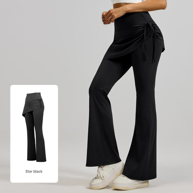 Women's High Waist Skirted Flare Yoga Pants with Adjustable Ruched Drawstring (M size)- Black Faux – product detail