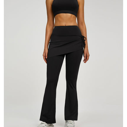 Women's High Waist Skirted Flare Yoga Pants with Adjustable Ruched Drawstring (L size)- Black Faux Two Piece Bootcut Leggings for Pilates, Gym Workout, Running, Dance and Everyday Wear