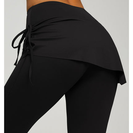Women's High Waist Skirted Flare Yoga Pants with Adjustable Ruched Drawstring (XL size)- Black Faux Two Piece Bootcut Leggings for Pilates, Gym Workout, Running, Dance and Everyday Wear