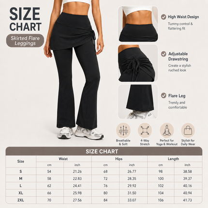 Women's High Waist Skirted Flare Yoga Pants with Adjustable Ruched Drawstring (XL size)- Black Faux Two Piece Bootcut Leggings for Pilates, Gym Workout, Running, Dance and Everyday Wear