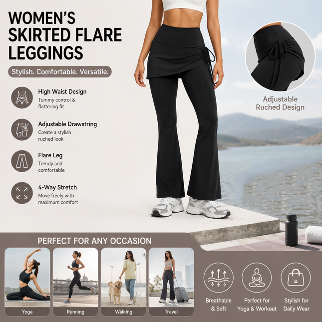 Women's High Waist Skirted Flare Yoga Pants with Adjustable Ruched Drawstring (XXL size)- Black Faux