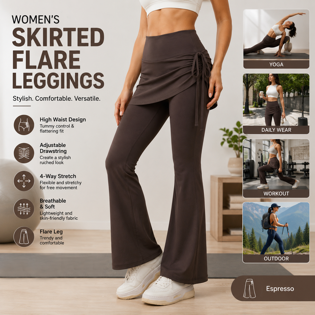 Women's High Waist Skirted Flare Yoga Pants with Adjustable Ruched Drawstring (S size)-Coffee brown
