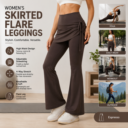Women's High Waist Skirted Flare Yoga Pants with Adjustable Ruched Drawstring (M size)- Coffee brown Faux Two Piece Bootcut Leggings for Pilates, Gym Workout, Running, Dance and Everyday Wear