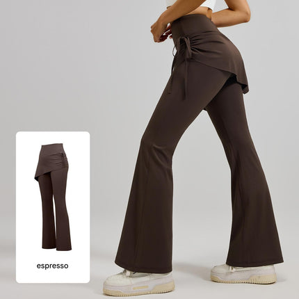 Women's High Waist Skirted Flare Yoga Pants with Adjustable Ruched Drawstring (L size)- Coffee brown Faux Two Piece Bootcut Leggings for Pilates, Gym Workout, Running, Dance and Everyday Wear