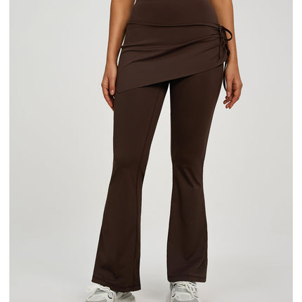 Women's High Waist Skirted Flare Yoga Pants with Adjustable Ruched Drawstring (L size)- Coffee brown Faux Two Piece Bootcut Leggings for Pilates, Gym Workout, Running, Dance and Everyday Wear