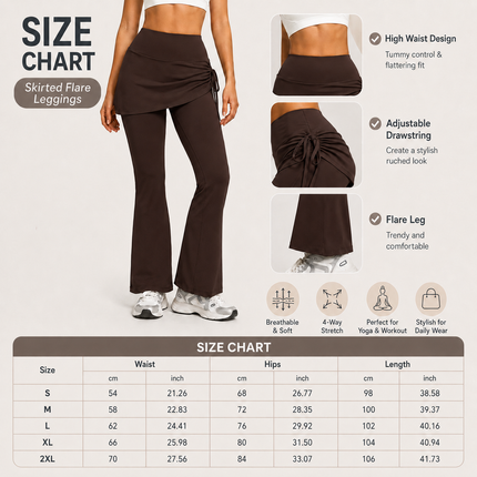 Women's High Waist Skirted Flare Yoga Pants with Adjustable Ruched Drawstring (L size)- Coffee brown Faux Two Piece Bootcut Leggings for Pilates, Gym Workout, Running, Dance and Everyday Wear