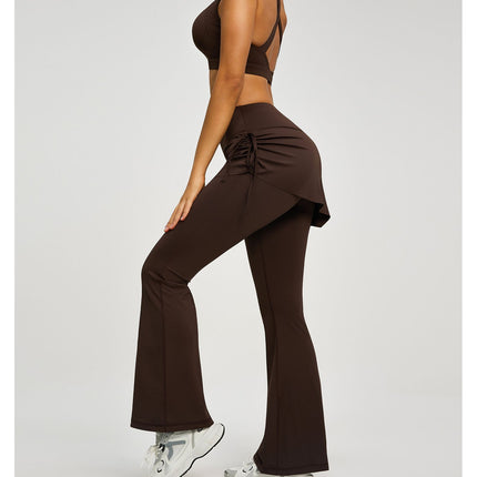 Women's High Waist Skirted Flare Yoga Pants with Adjustable Ruched Drawstring (XXL size)- Coffee brown Faux Two Piece Bootcut Leggings for Pilates, Gym Workout, Running, Dance and Everyday Wear