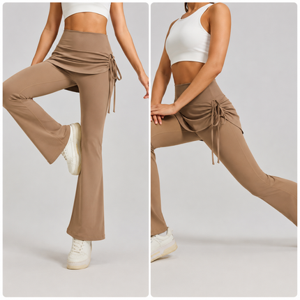 Women's High Waist Skirted Flare Yoga Pants with Adjustable Ruched Drawstring (S size)-Light brown Faux Two Piece Bootcut Leggings for Pilates, Gym Workout, Running, Dance and Everyday Wear