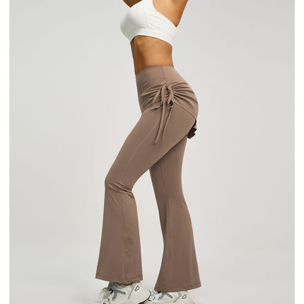 Women's High Waist Skirted Flare Yoga Pants with Adjustable Ruched Drawstring (S size)-Light brown Faux Two Piece Bootcut Leggings for Pilates, Gym Workout, Running, Dance and Everyday Wear