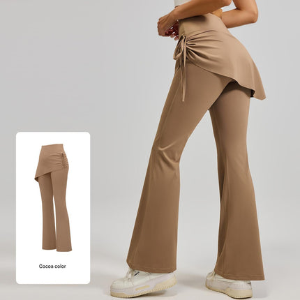 Women's High Waist Skirted Flare Yoga Pants with Adjustable Ruched Drawstring (M size)- Light brown Faux Two Piece Bootcut Leggings for Pilates, Gym Workout, Running, Dance and Everyday Wear