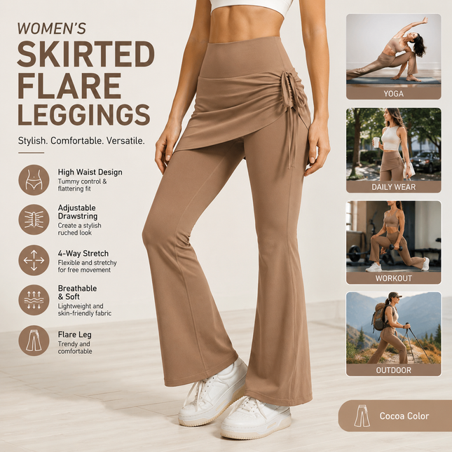 Women's High Waist Skirted Flare Yoga Pants with Adjustable Ruched Drawstring (L size)- Light brown