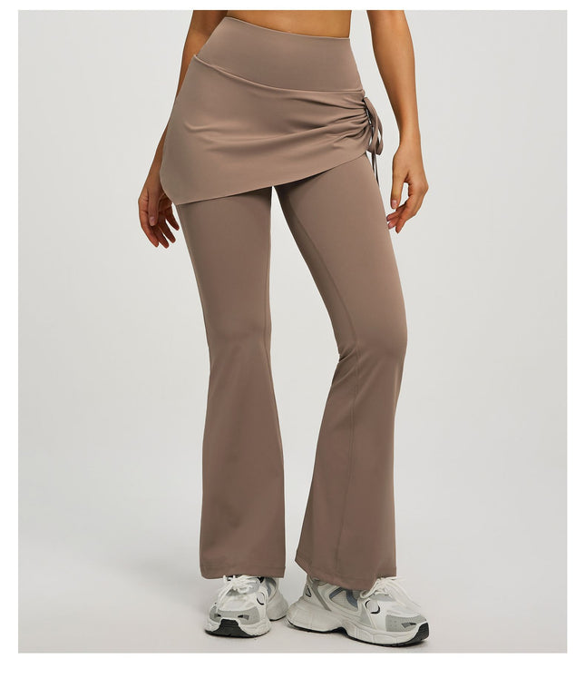 Women's High Waist Skirted Flare Yoga Pants with Adjustable Ruched Drawstring (L size)- Light brown – product detail