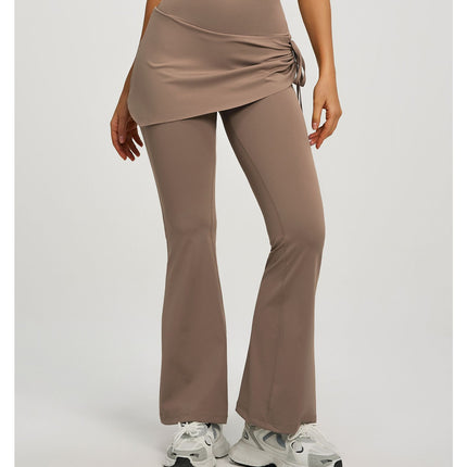 Women's High Waist Skirted Flare Yoga Pants with Adjustable Ruched Drawstring (XL size)- Light brown Faux Two Piece Bootcut Leggings for Pilates, Gym Workout, Running, Dance and Everyday Wear