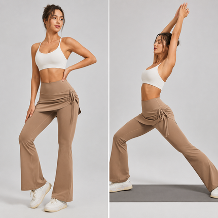 Women's High Waist Skirted Flare Yoga Pants with Adjustable Ruched Drawstring (XL size)- Light brown Faux Two Piece Bootcut Leggings for Pilates, Gym Workout, Running, Dance and Everyday Wear