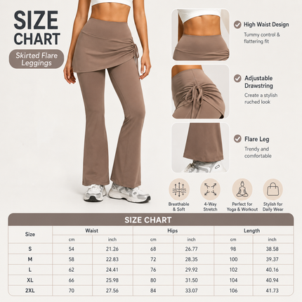 Women's High Waist Skirted Flare Yoga Pants with Adjustable Ruched Drawstring (XXL size)- Light brown Faux Two Piece Bootcut Leggings for Pilates, Gym Workout, Running, Dance and Everyday Wear