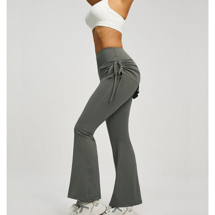 Women's High Waist Skirted Flare Yoga Pants with Adjustable Ruched Drawstring (M size)- Grey Faux Two Piece Bootcut Leggings for Pilates, Gym Workout, Running, Dance and Everyday Wear