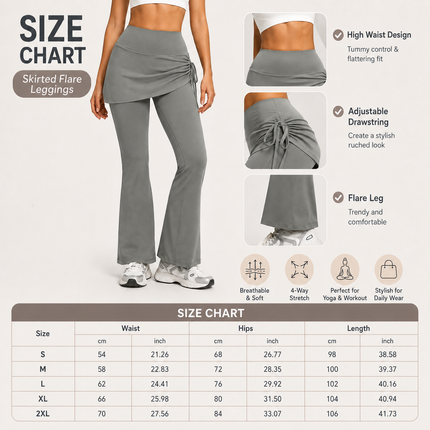 Women's High Waist Skirted Flare Yoga Pants with Adjustable Ruched Drawstring (M size)- Grey Faux Two Piece Bootcut Leggings for Pilates, Gym Workout, Running, Dance and Everyday Wear