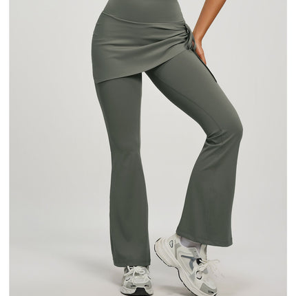 Women's High Waist Skirted Flare Yoga Pants with Adjustable Ruched Drawstring (L size)- Grey Faux Two Piece Bootcut Leggings for Pilates, Gym Workout, Running, Dance and Everyday Wear