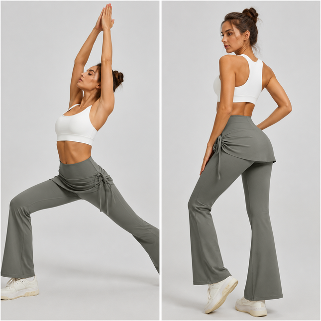 Women's High Waist Skirted Flare Yoga Pants with Adjustable Ruched Drawstring (XL size)- Grey Faux
