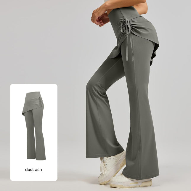 Women's High Waist Skirted Flare Yoga Pants with Adjustable Ruched Drawstring (XXL size)- Grey Faux – product detail